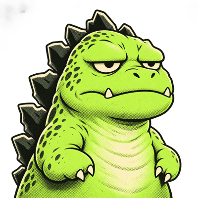 Stillzilla's sleepy-eyed green monster portrait, with tiny arms and dark angular spikes.
